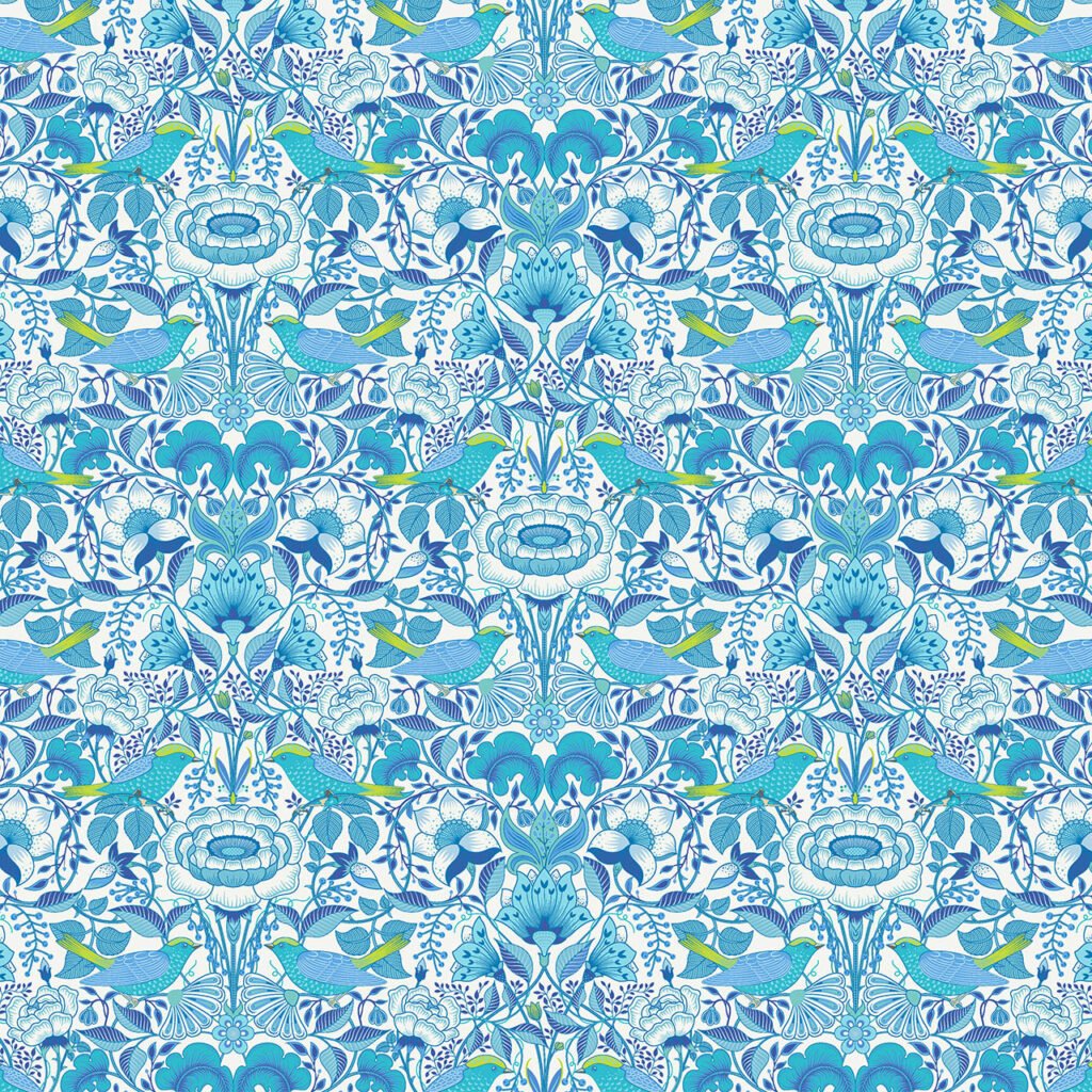 Beautiful birds and flowers in a royal blue on a Ecru coloured garden background.