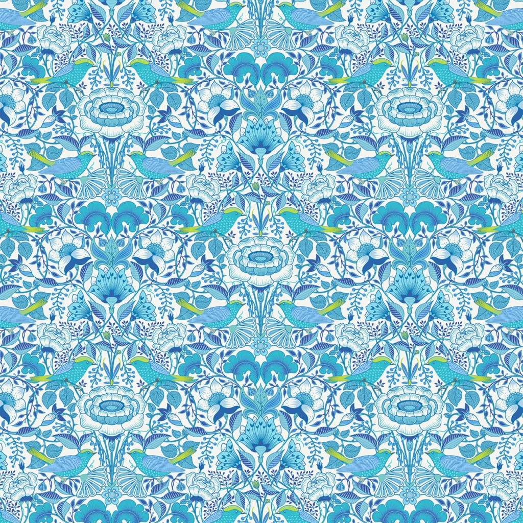 Beautiful birds and flowers in a royal blue on a Ecru coloured garden background.