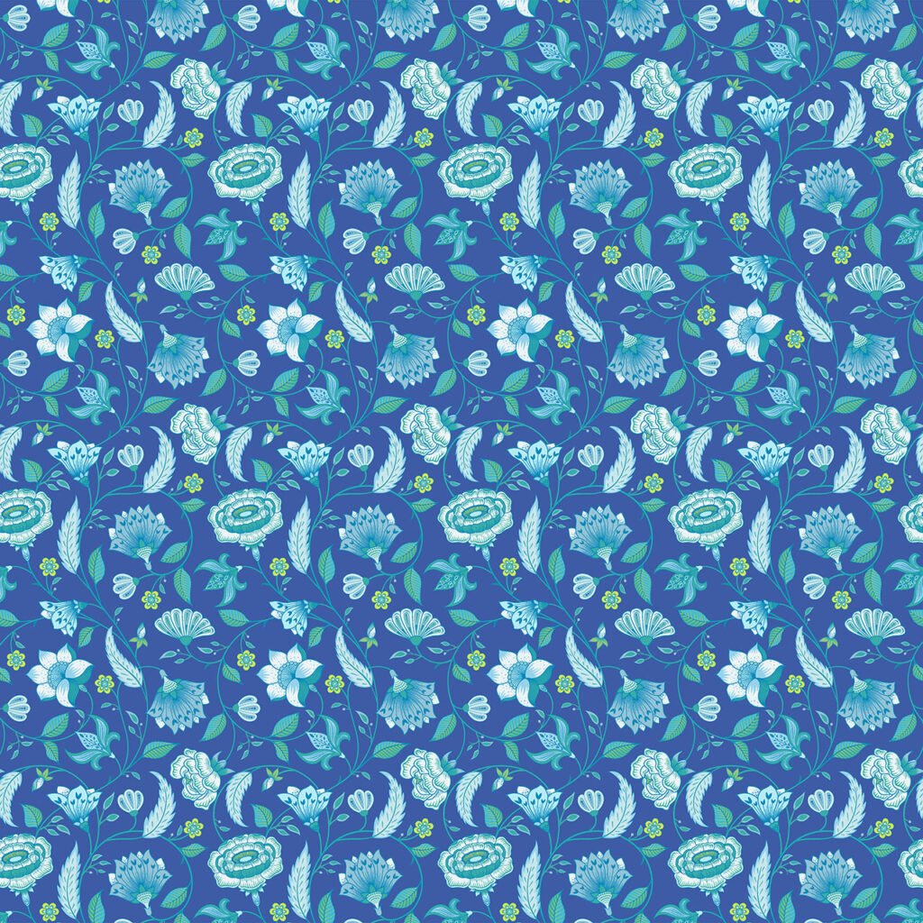 Flowers in a chintz style of a Royal blue background.