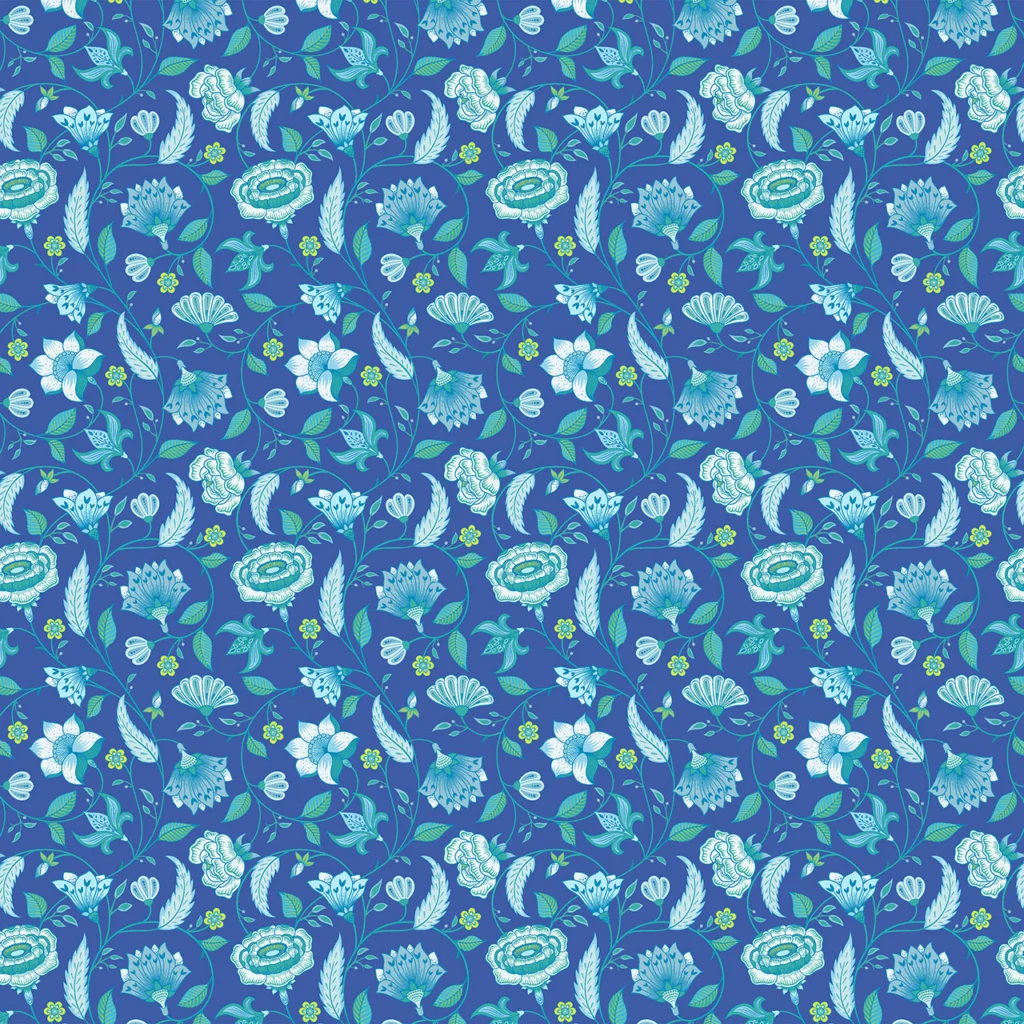 Flowers in a chintz style of a Royal blue background.
