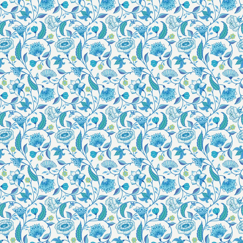 Flowers in a chintz style of a Ecru blue background.