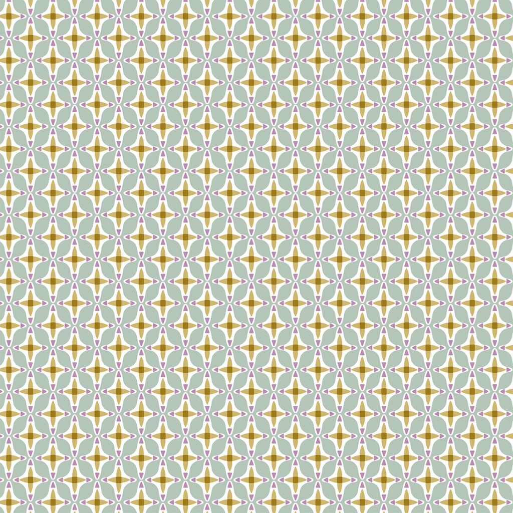 Repeated flower type stars on a green Mint coloured background