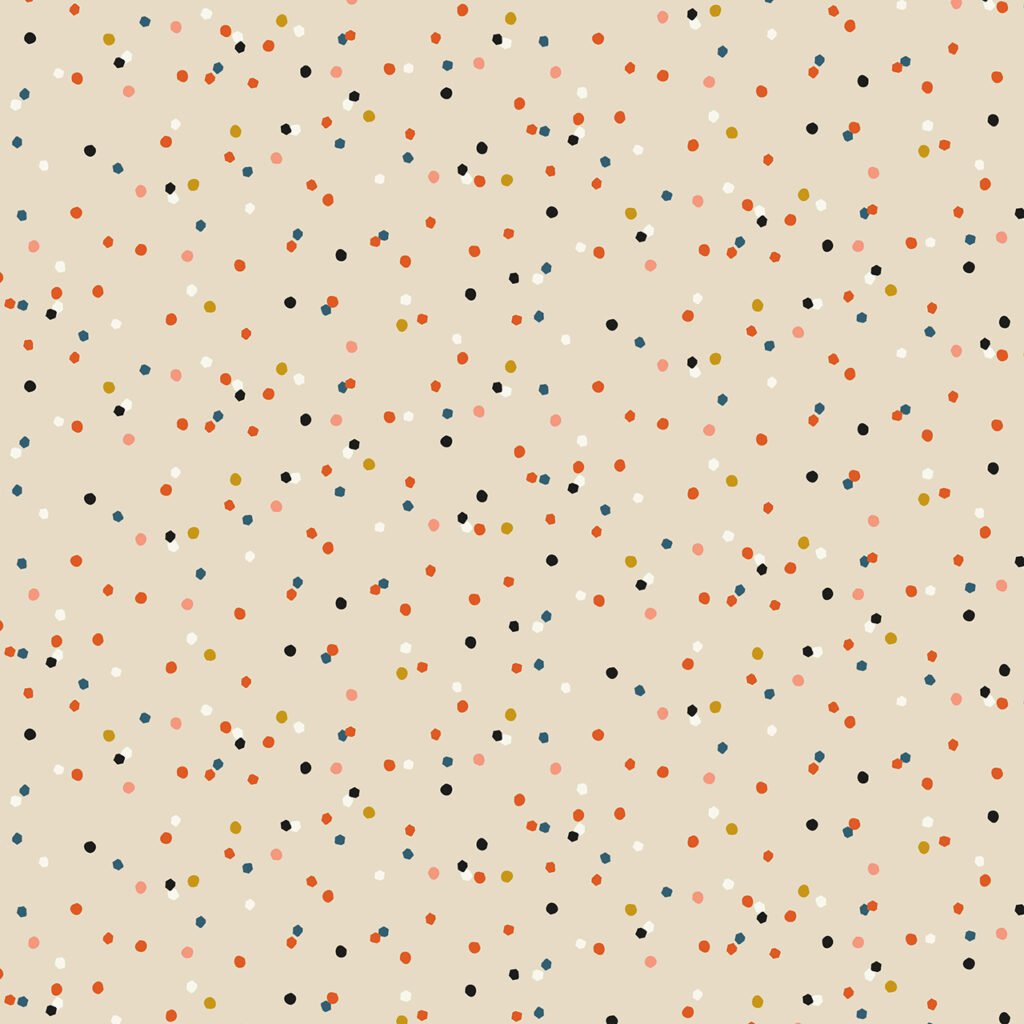 Confetti design with pink, blue and cream confetti flakes on a parchment cream background.