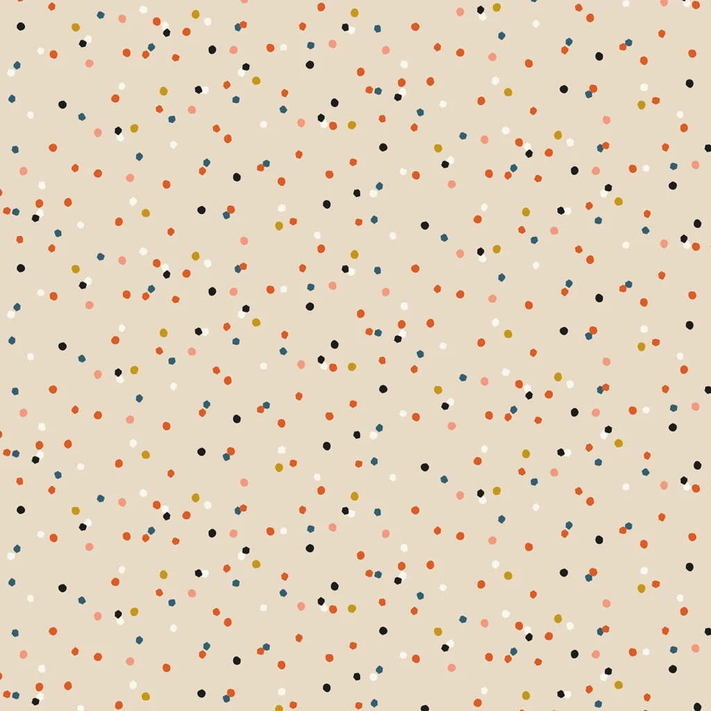 Confetti design with pink, blue and cream confetti flakes on a parchment cream background.