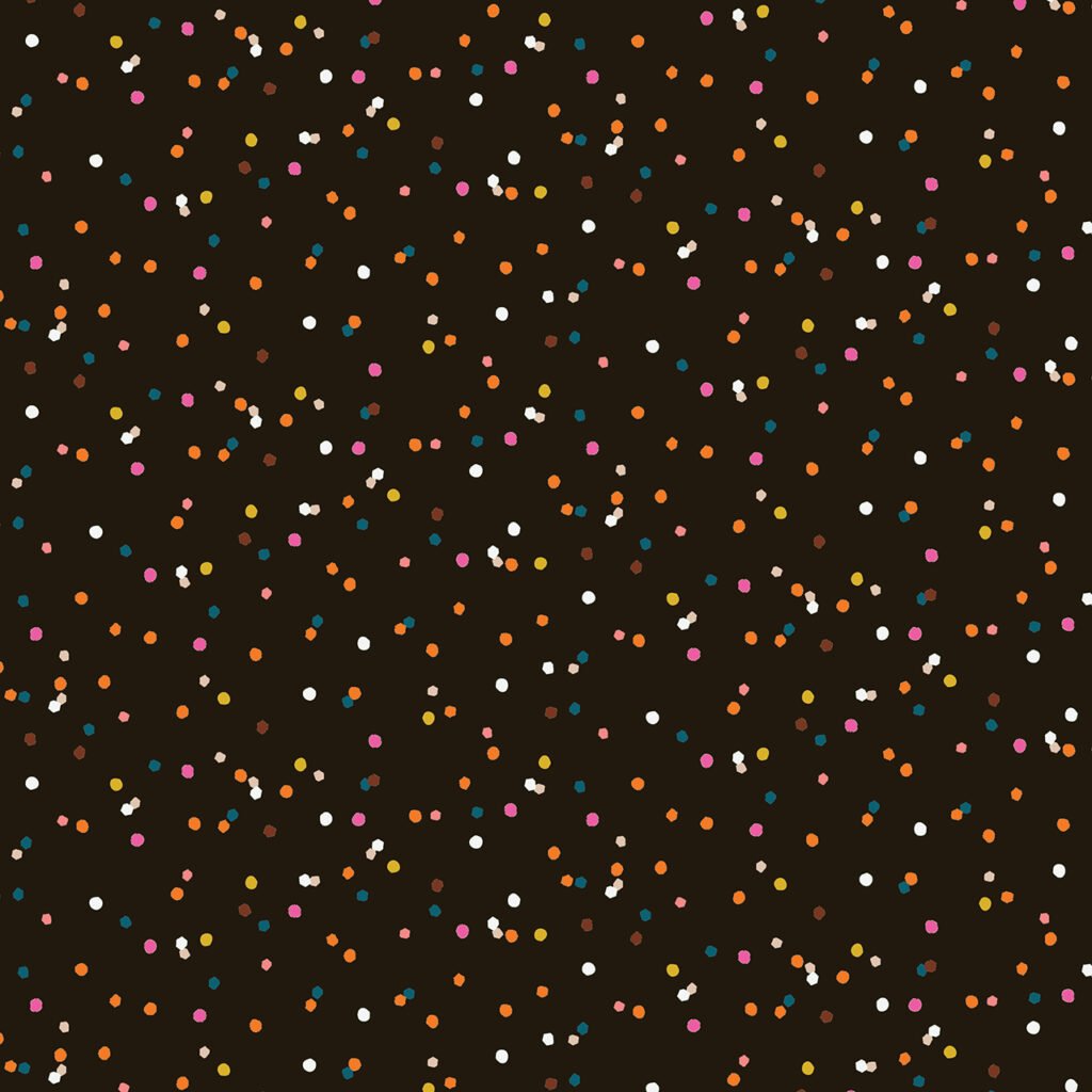 Confetti design with pink, blue and cream confetti flakes on a soot black background.