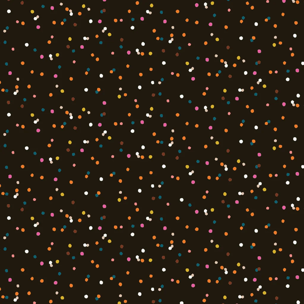 Confetti design with pink, blue and cream confetti flakes on a soot black background.