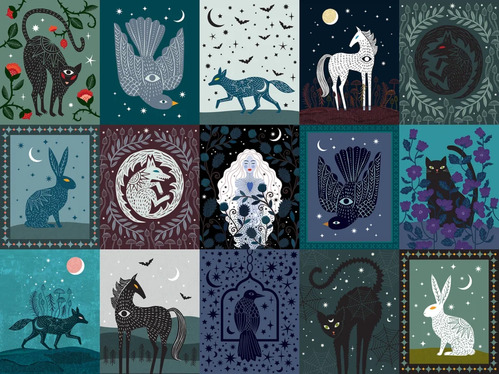 A panel, called Folk Tales, made up of 15 magical and etheral creature from foxes to witches and unicorns to cats