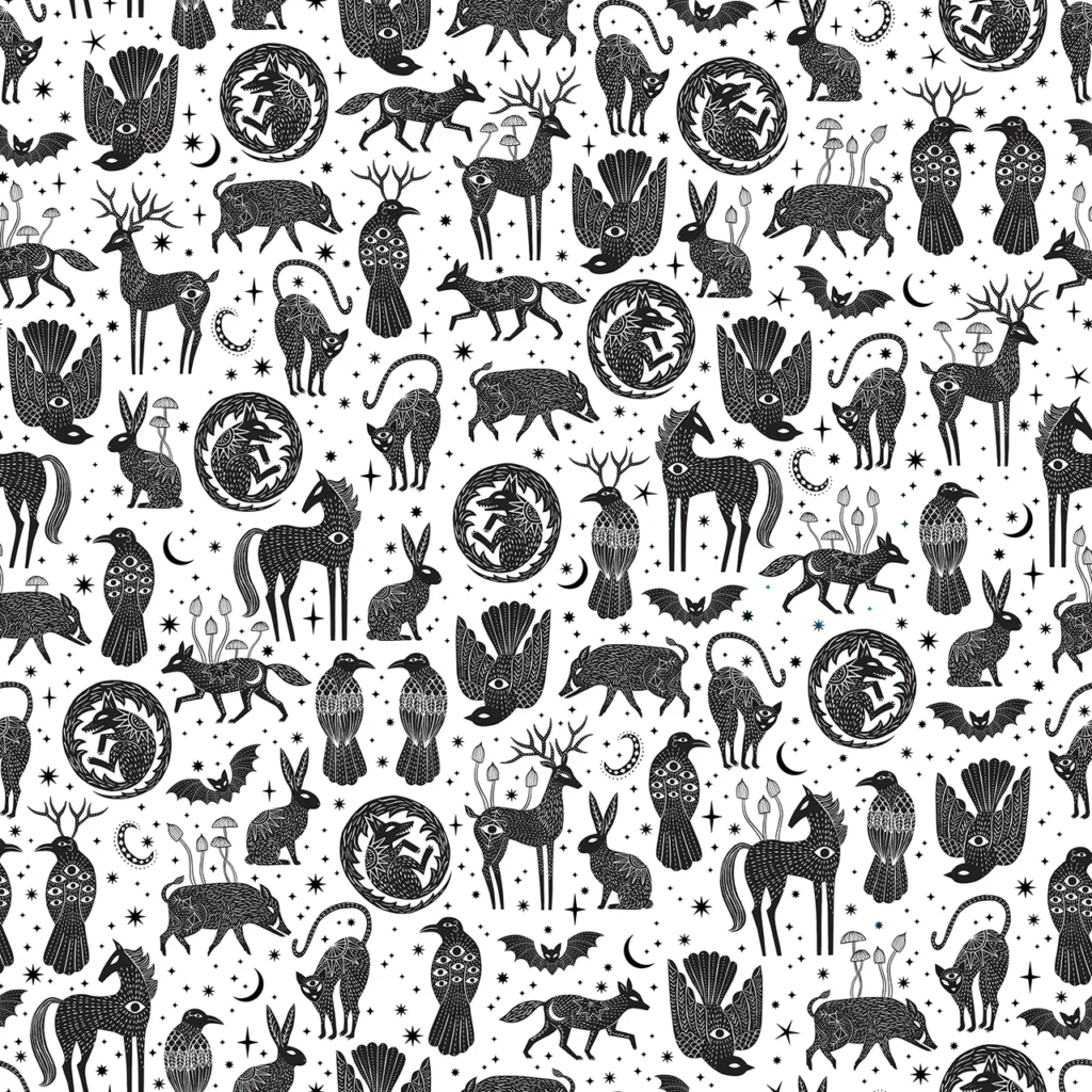 A print showcasing folk creatures, foxes, stags, crows with antlers and others, on a white background.