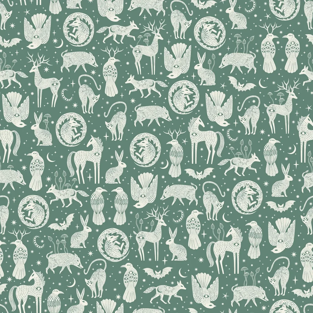 A print showcasing folk creatures, foxes, stags, crows with antlers and others, on a sage background.