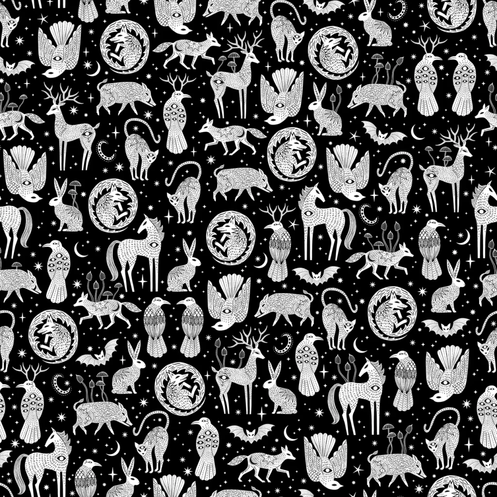 A print showcasing folk creatures, foxes, stags, crows with antlers and others, on a black background.