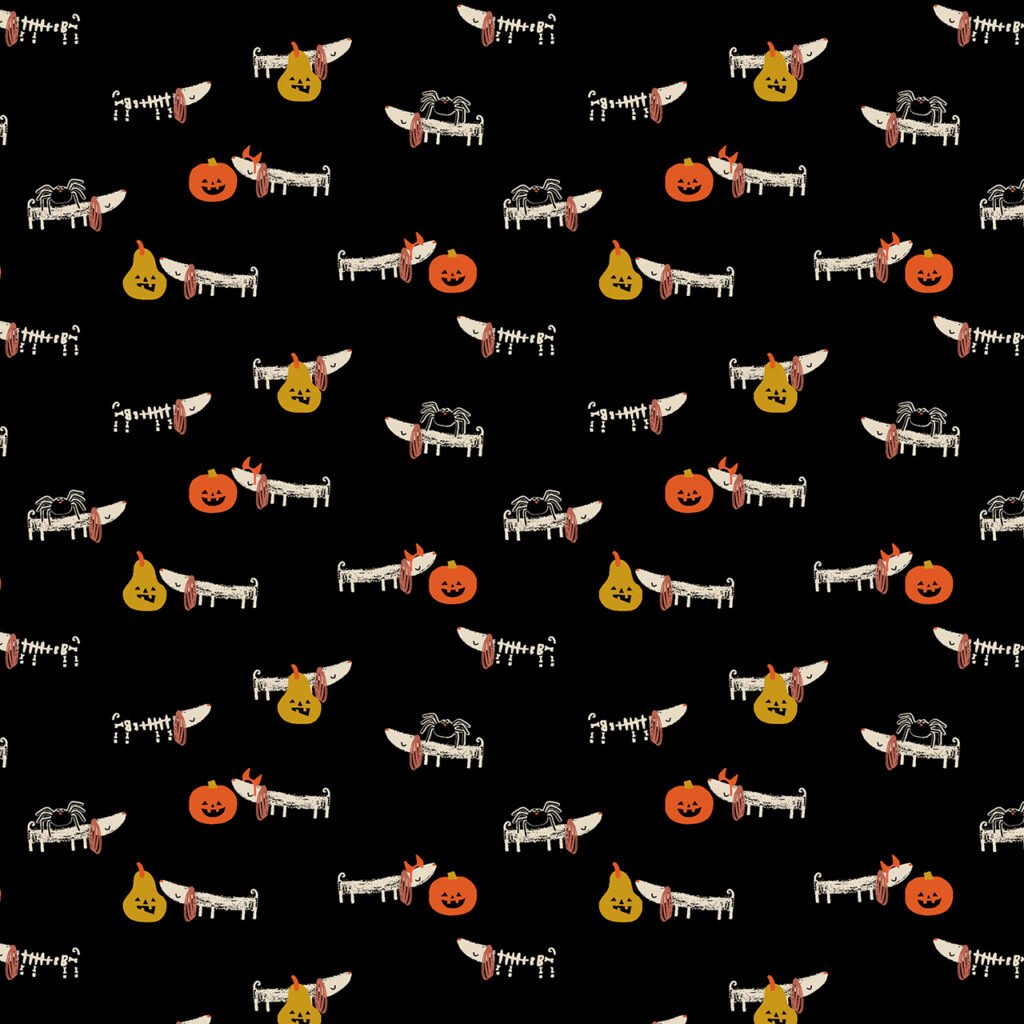Bertie boo, our Halloween Daschund dressed in Halloween gear on a black background.
