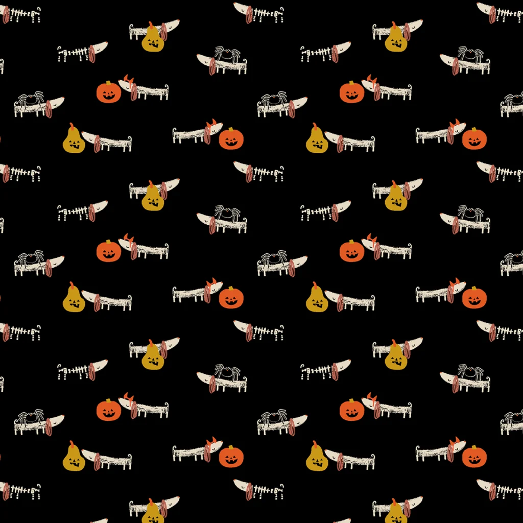 Bertie boo, our Halloween Daschund dressed in Halloween gear on a black background.