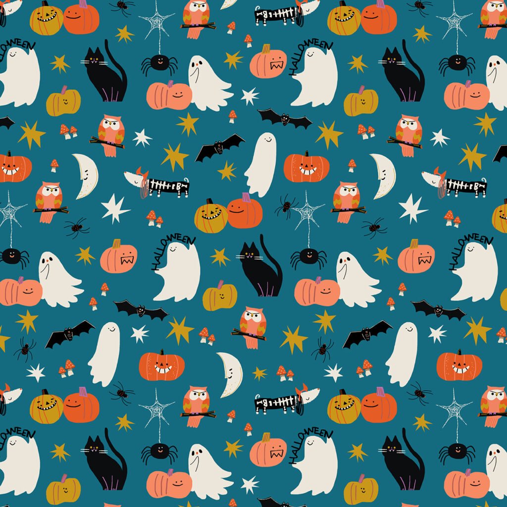 Ghosts, pumpkins, broomsticks and cats on a blue background of Halloween.