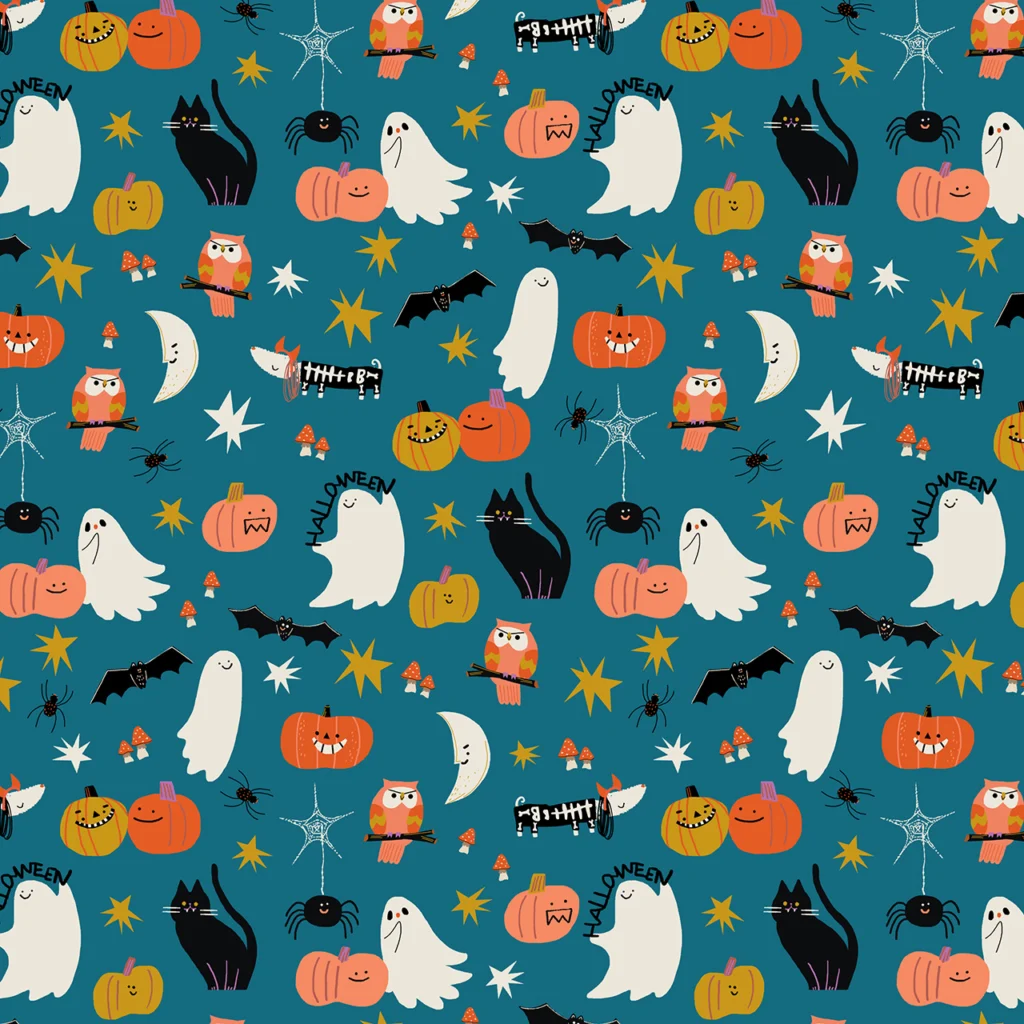 Ghosts, pumpkins, broomsticks and cats on a blue background of Halloween.