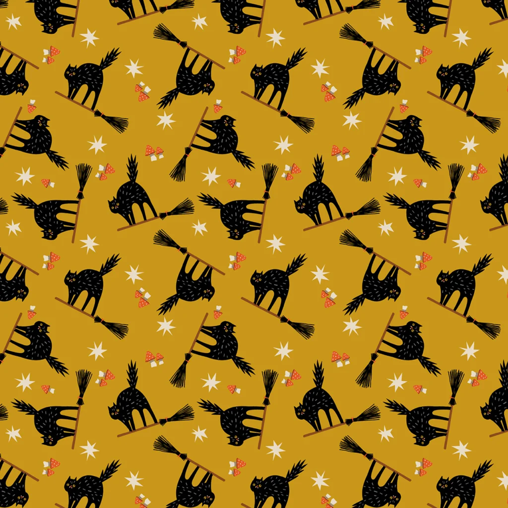 Witchy cats flying on witch's broomsticks on a gold background.