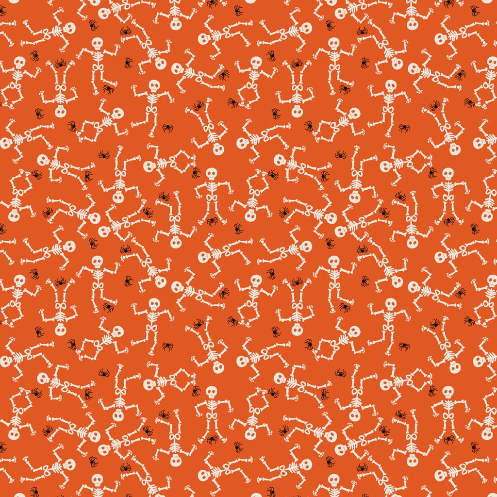 Scattered Halloween skeletons on a Papaya orange background.