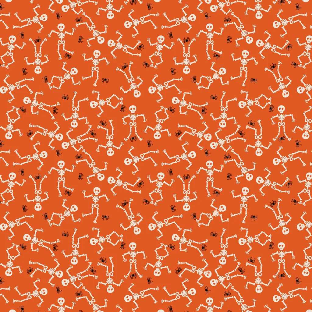 Scattered Halloween skeletons on a Papaya orange background.