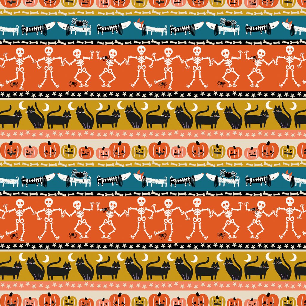 Rows of Halloween skeletons, witchy cats, pumpkins and Bertie boo, our Halloween Daschund.