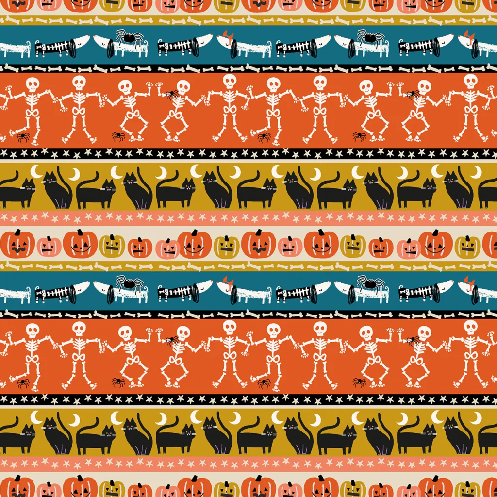 Rows of Halloween skeletons, witchy cats, pumpkins and Bertie boo, our Halloween Daschund.