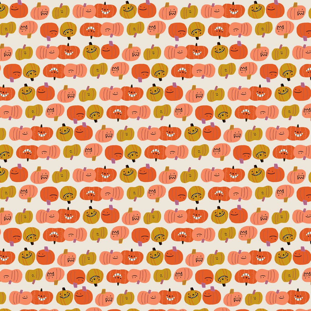 Rows of happy Halloween pumpkins.