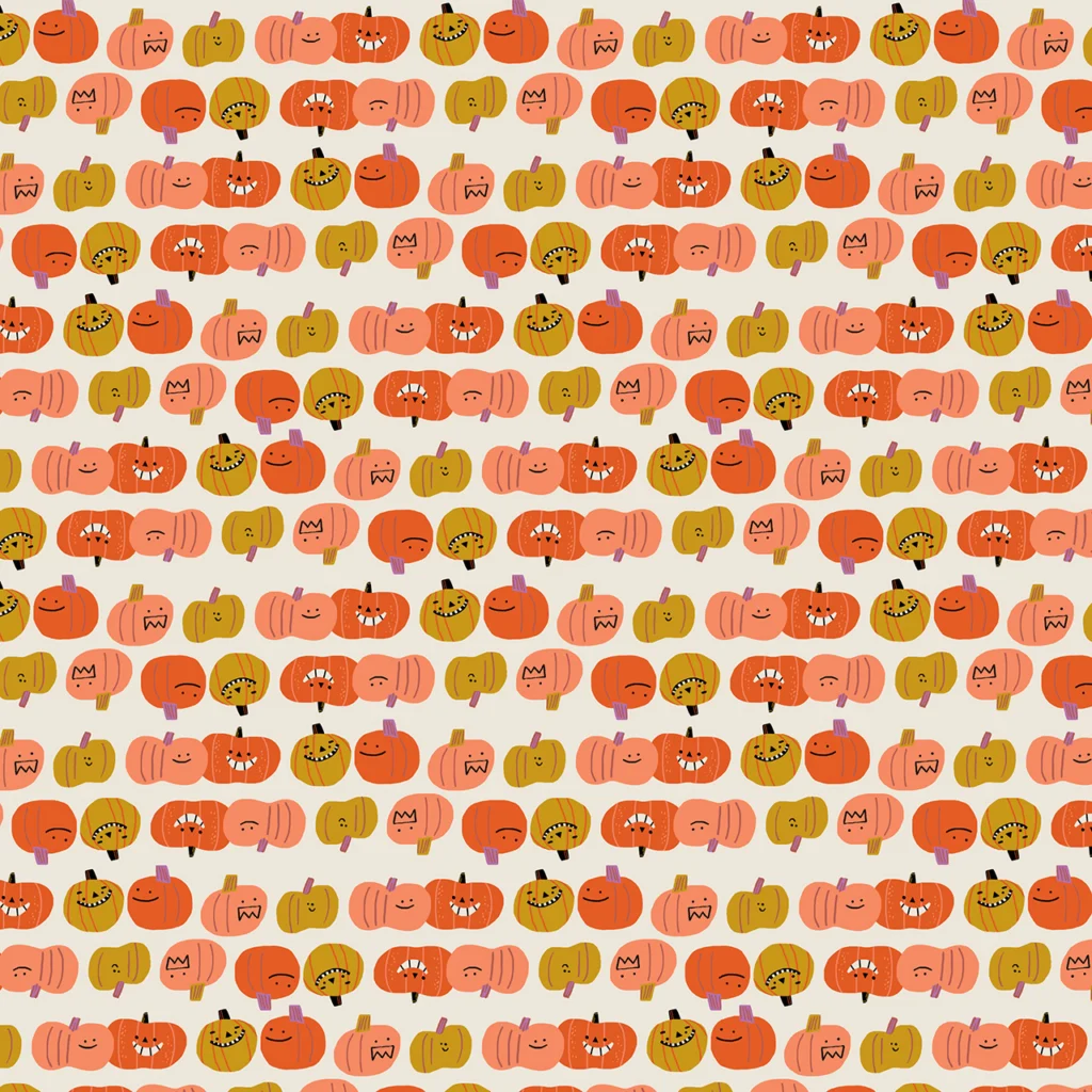 Rows of happy Halloween pumpkins.