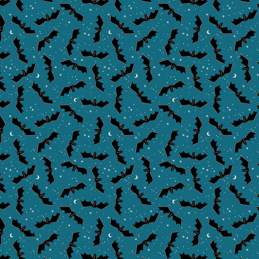 Halloween bats in a midnight blue sky.