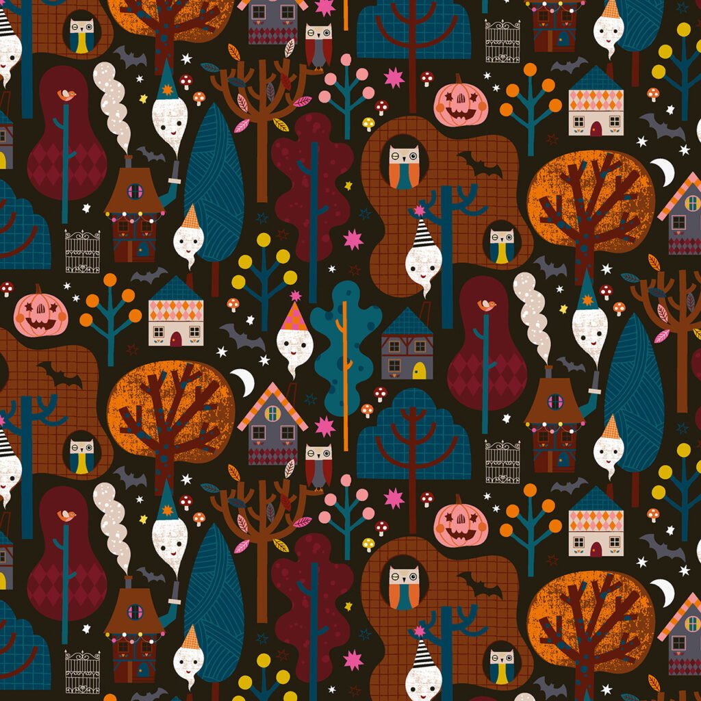 A midnight forest scene with white ghosts, owls and other Halloween characters.