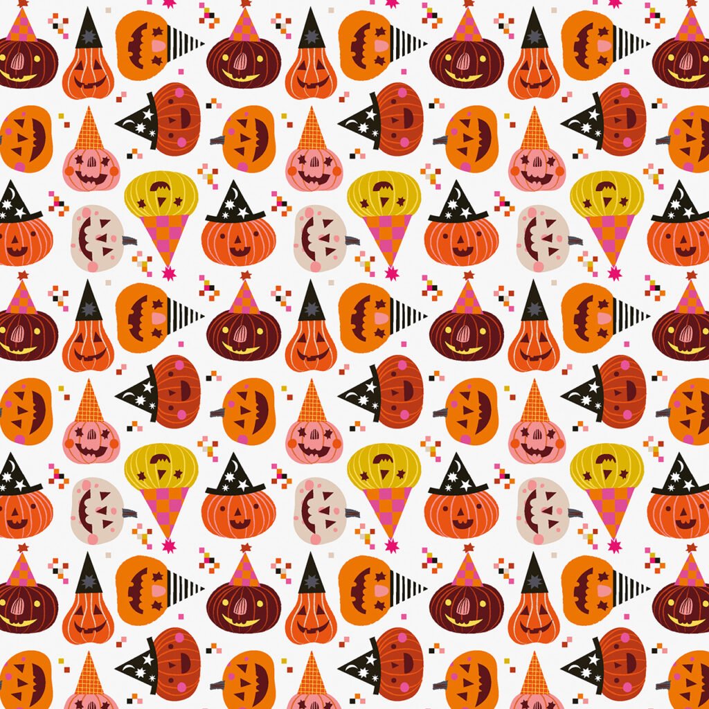 Rows of pumpkins in party hats and clothing on an almond coloured background.