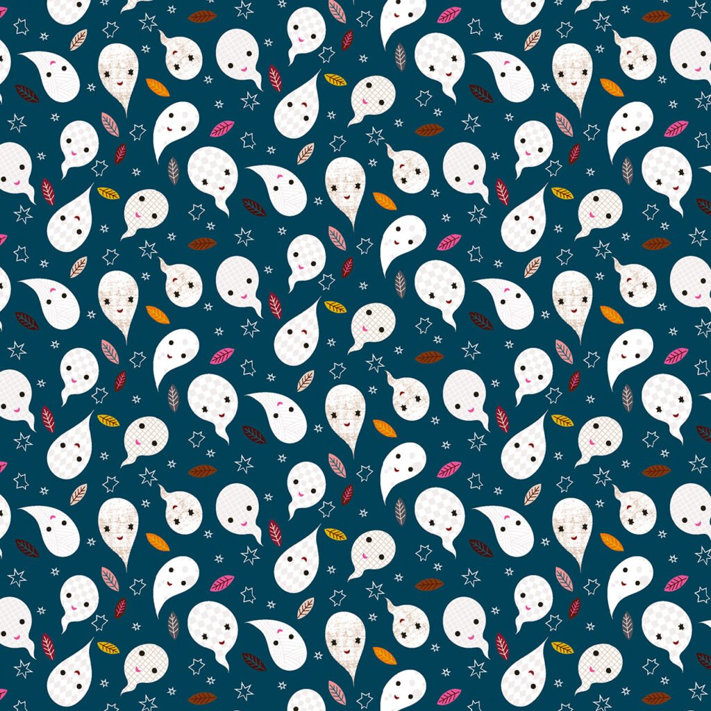 Groovy white ghosts on a bluey green midnight background.