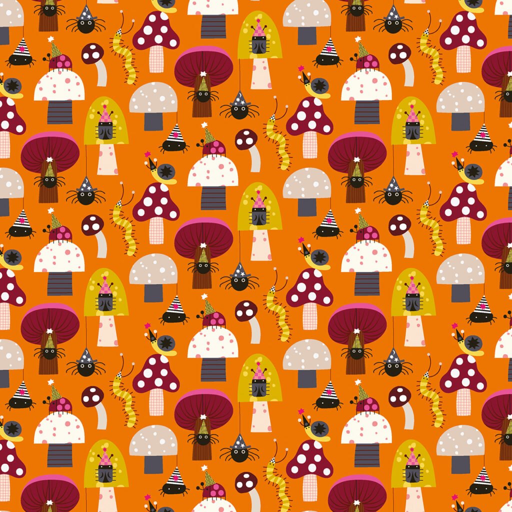 Various toadstools with creepy crawlies on a pumpkin orange background.