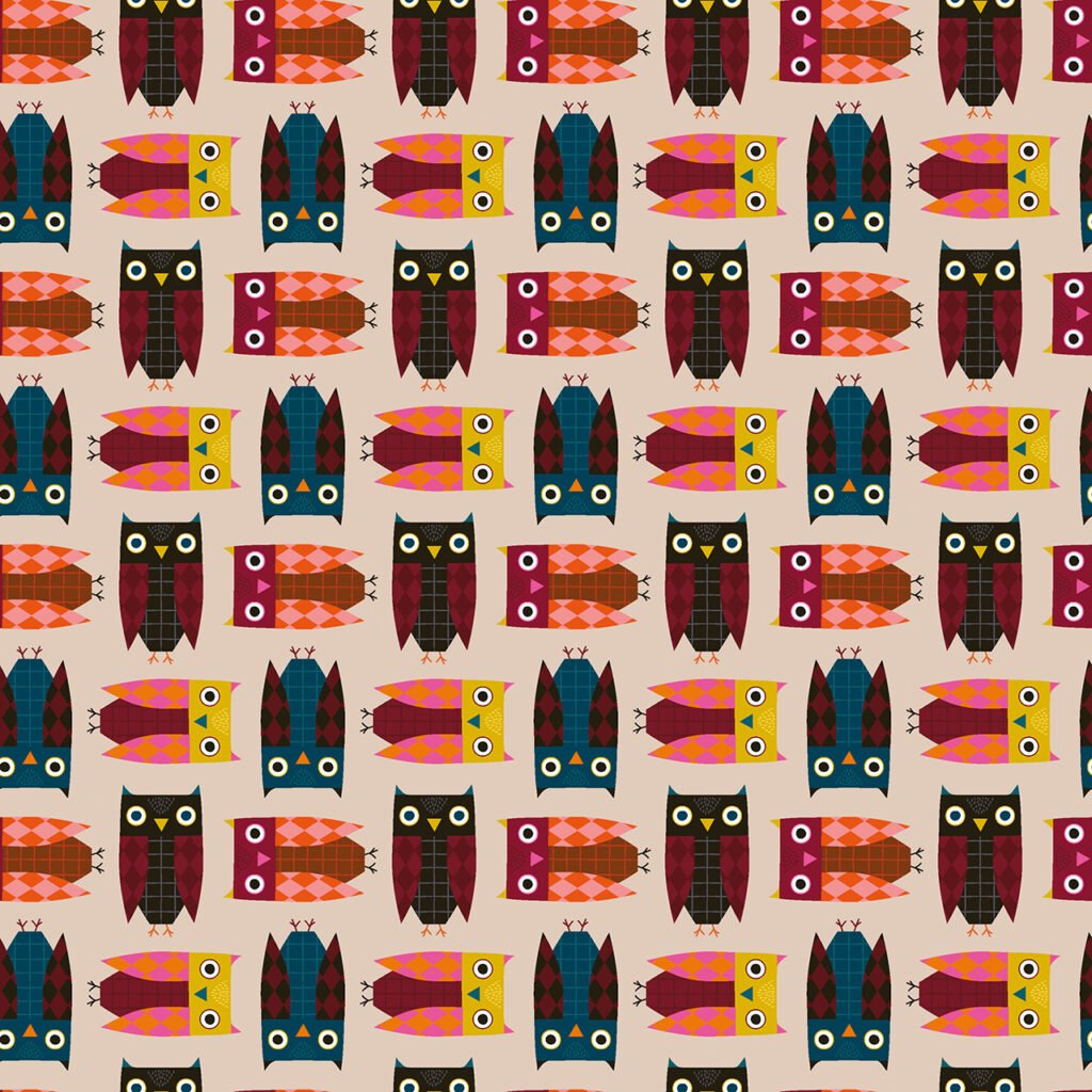 Rows of Halloween owls on an Almond coloured background