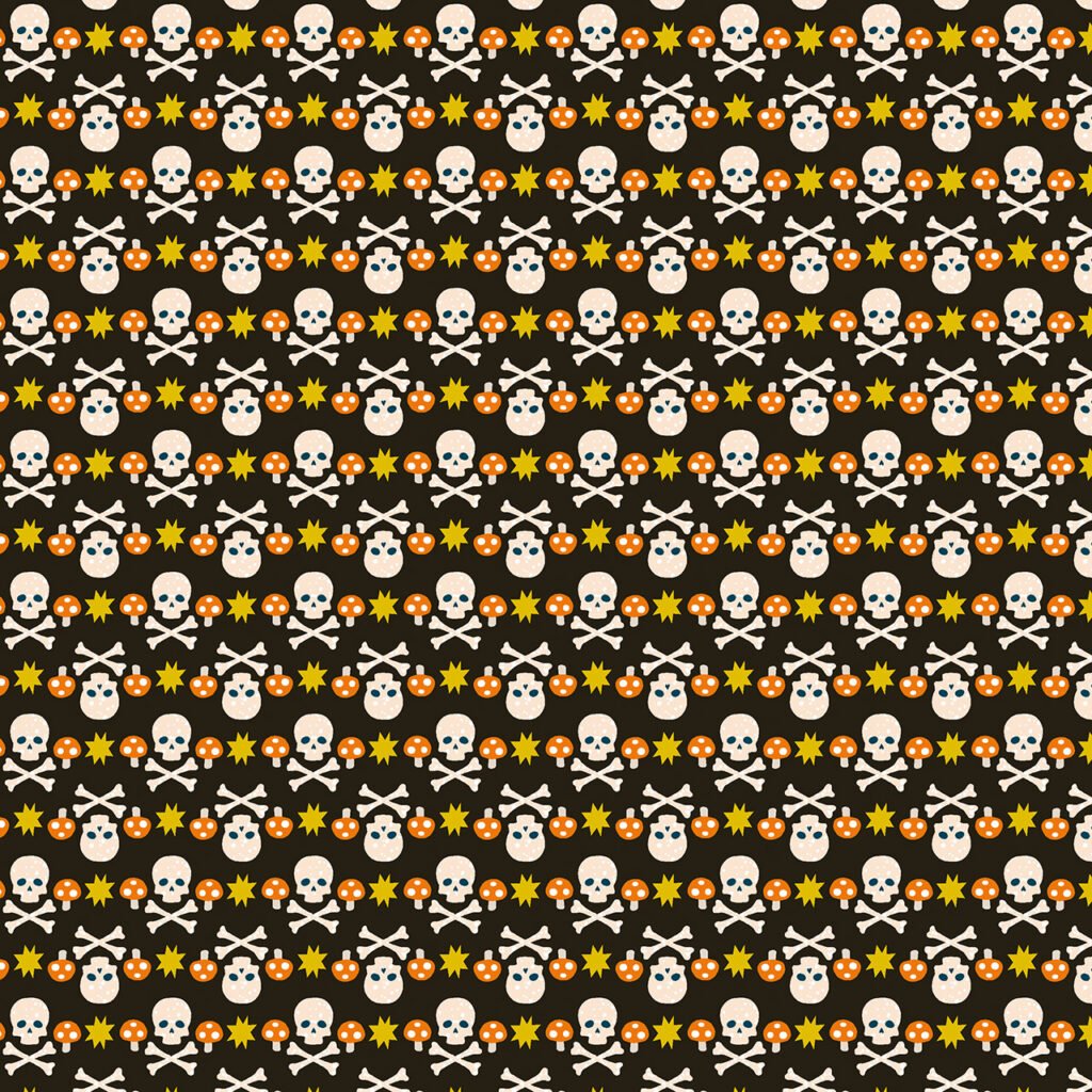 Repeated skull and bones with pumpkins.